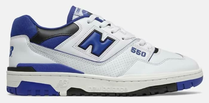 White, blue, and black New Balance shoes.
